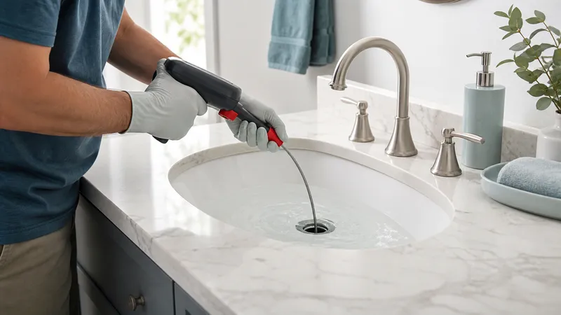 Homeowner using a hand auger in a bathroom sink drain while water slowly drains beside them.