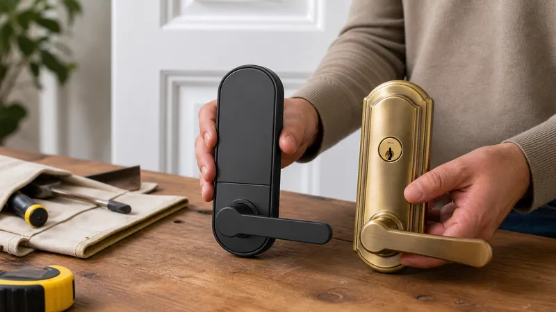Close-up of a hand installing a smart lock keypad over an existing deadbolt on a front door.