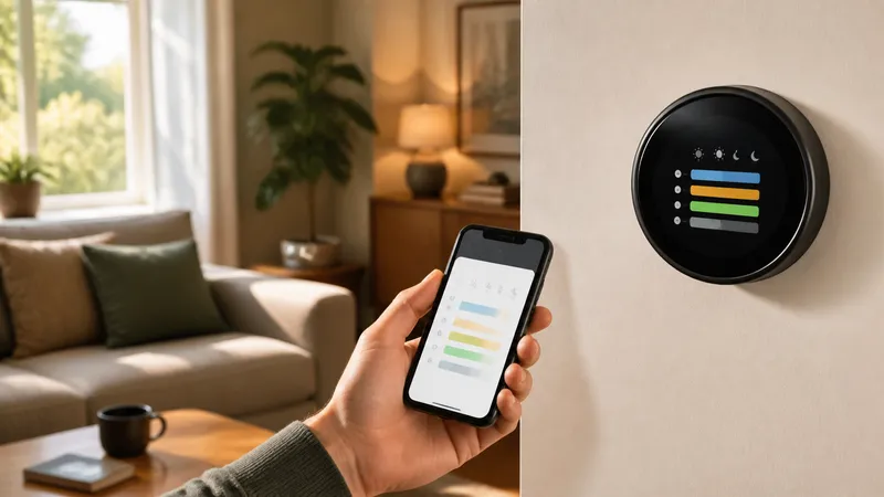 Wall-mounted smart thermostat displaying a temperature schedule next to a smartphone showing the same app remotely.