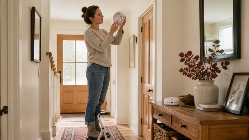 Homeowner standing on a step stool checking the manufacture date printed on the back of a ceiling smoke alarm.