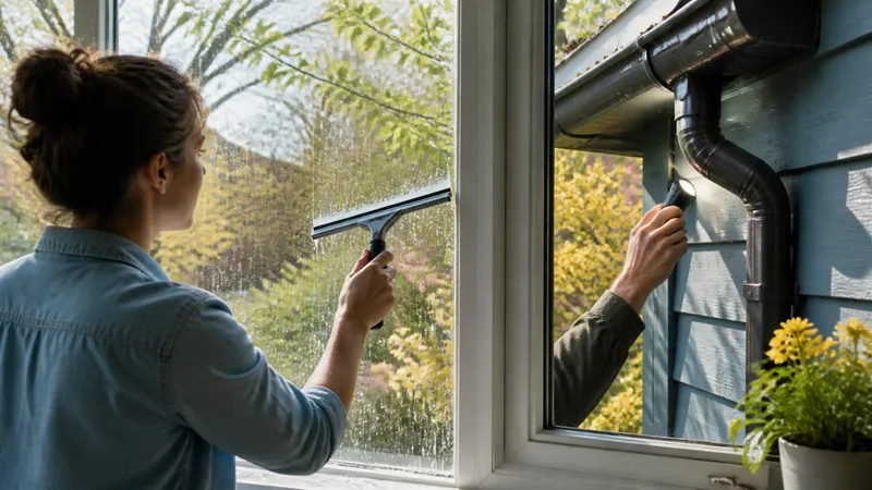 Split scene of a homeowner washing a window on one side and checking a gutter downspout with a flashlight on the other.