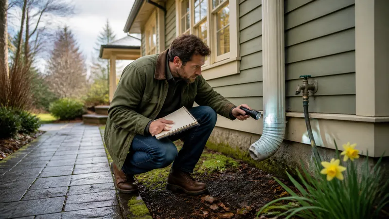 Homeowner inspecting the exterior of a house in early spring, checking gutters and downspouts with a notepad in hand.