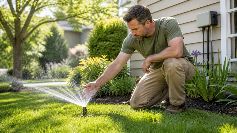 Homeowner kneeling beside an in-ground sprinkler head, checking spray pattern on a lawn with a controller box visible on the house wall.