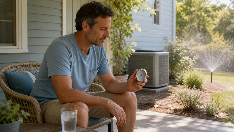 Homeowner checking an outdoor AC condenser unit and a small humidity monitor on a hot, sunny afternoon.