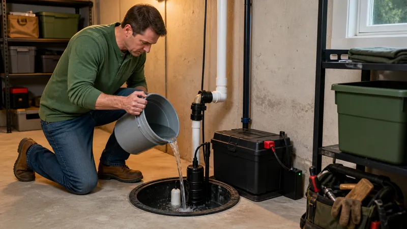 Homeowner kneeling beside an open sump pit in a basement, pouring water from a bucket to test the float switch.