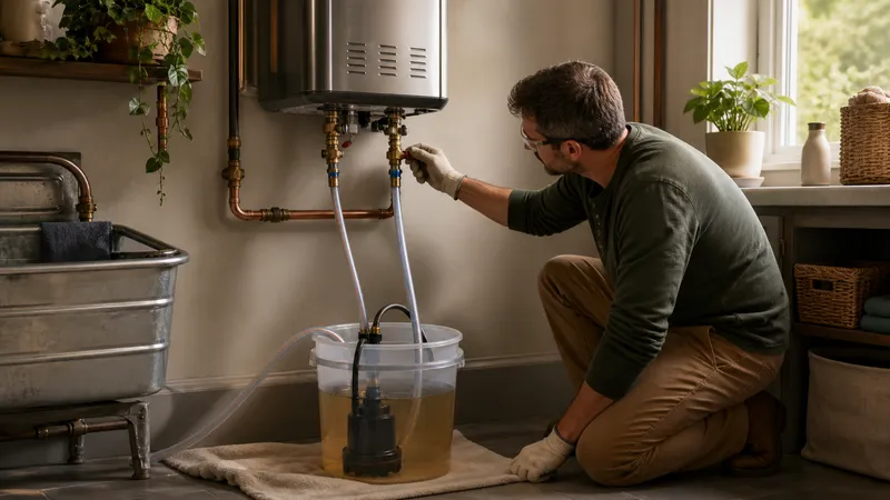 Homeowner using a submersible pump and bucket connected to a tankless water heater's service valves to circulate descaling solution.