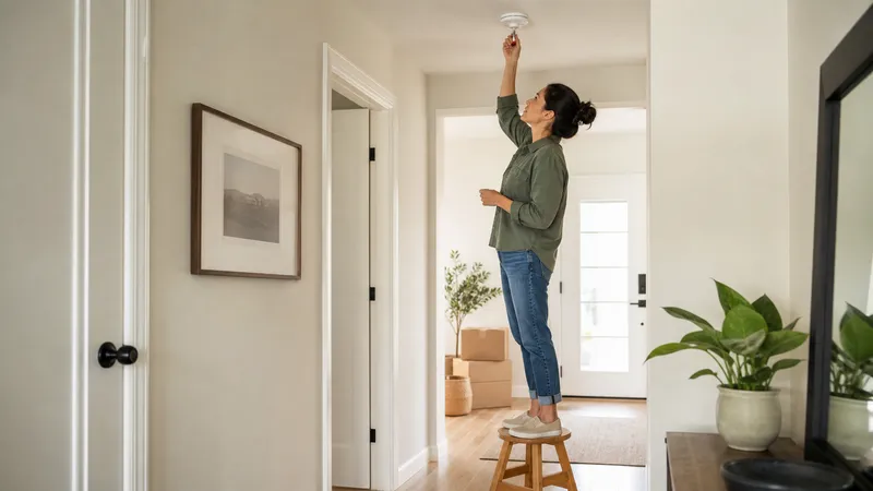 New homeowner checking a smoke alarm on a stepladder in a hallway with moving boxes stacked nearby.
