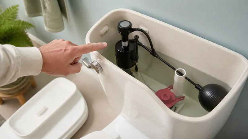 Open toilet tank showing the flapper, fill valve, float, and overflow tube with the water line marked just below the tube's top.