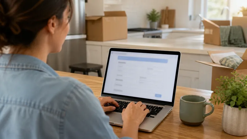 Person on a laptop at a kitchen table setting up a new electric utility account, moving boxes visible in the background.
