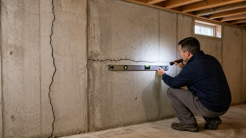 Close-up comparison of a straight vertical crack and a jagged, step-shaped horizontal crack running through a concrete block foundation wall.