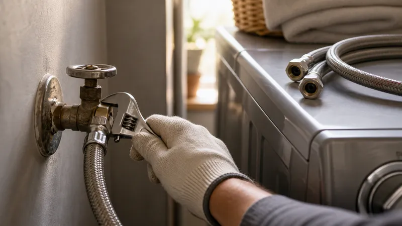 Close-up of a braided stainless-steel washing machine supply hose connected to a wall shutoff valve behind a washer.
