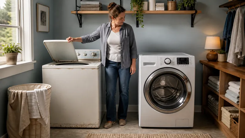 An older top-load washing machine next to a newer front-load model in a laundry room, showing the size and design difference.