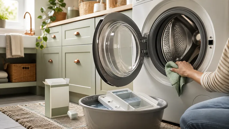 Open front-load washer door showing the rubber door gasket and a pulled-out detergent dispenser drawer above a laundry room floor drain.