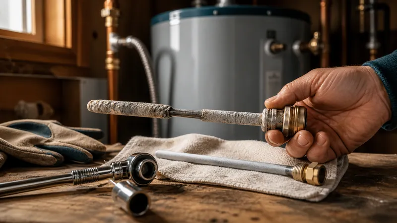 A corroded water heater anode rod pulled partway out of the tank, showing exposed steel core wire where the magnesium coating has worn away.