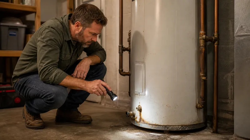 Homeowner crouched beside an older tank water heater, inspecting a rust-colored puddle and corrosion near the base of the tank.