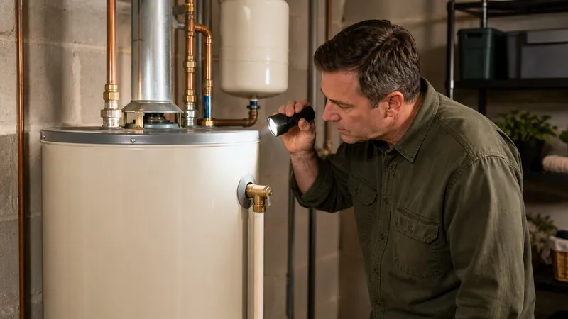 Homeowner inspecting the top of a tank water heater, tracing the temperature and pressure relief valve and its discharge pipe with a flashlight.