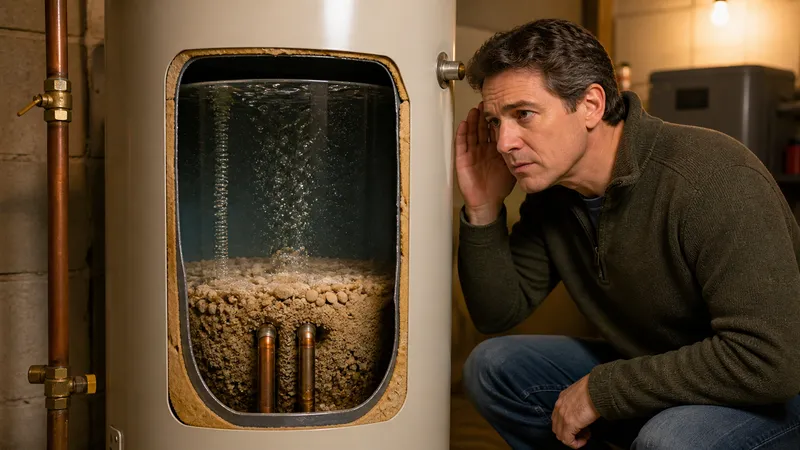 Cutaway illustration of a water heater tank showing a layer of sediment at the bottom with steam bubbles rising through it near the heating element.