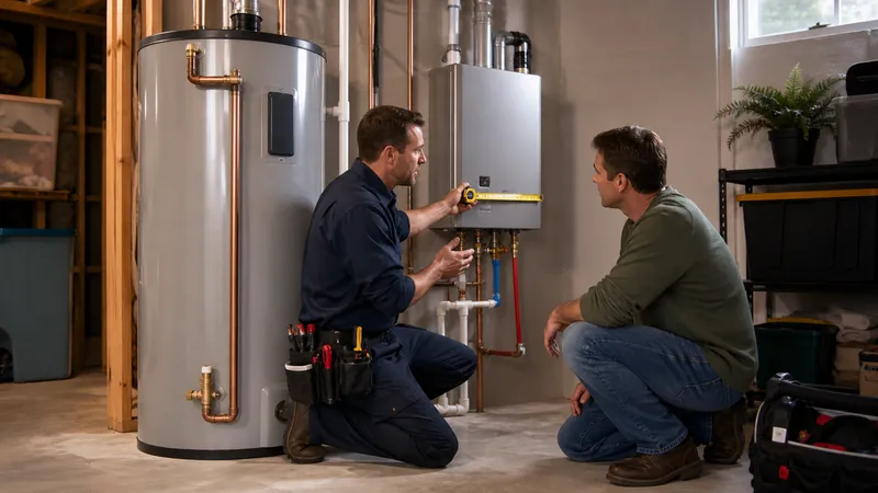 A plumber installing a new tank water heater in a utility closet, with an unboxed tankless unit and a written estimate on a nearby workbench.