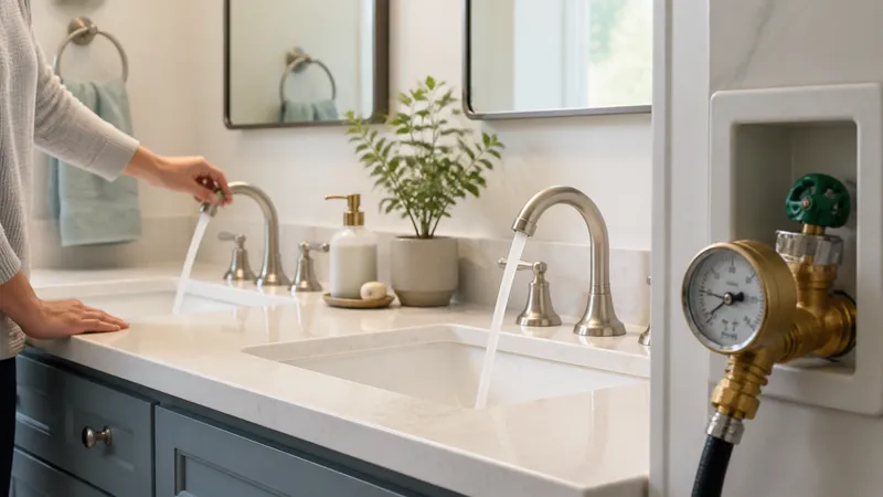 Two bathroom faucets running at full flow over a double sink, with a pressure gauge threaded onto a hose bib in the background.