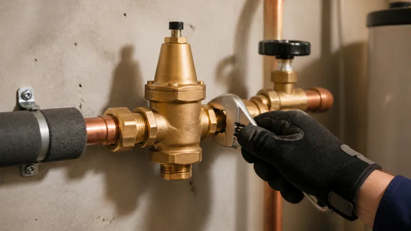 A brass pressure-reducing valve installed on a copper supply line next to the main water shutoff in a utility area.