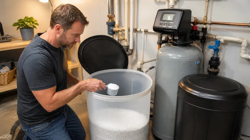 Open brine tank of a water softener showing pellet salt level partway up the tank next to the control head and bypass valve.