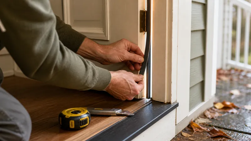 Homeowner pressing new V-strip weatherstripping into an exterior door jamb, with a tape measure and utility knife on the threshold.