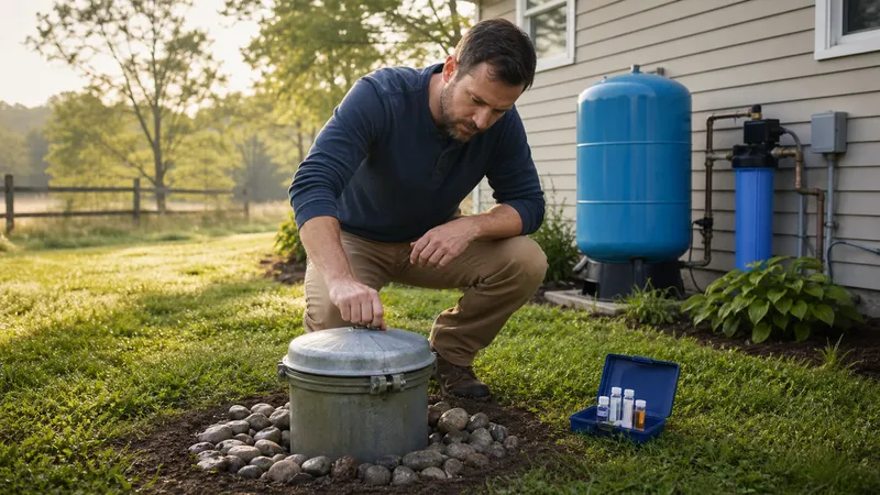 A homeowner kneeling beside a capped well casing in a yard, checking the well cap seal with a water test kit box nearby.