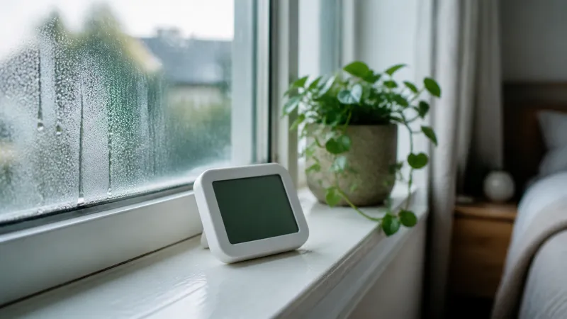 Digital hygrometer on a windowsill showing a relative humidity reading, with condensation visible on the glass behind it.