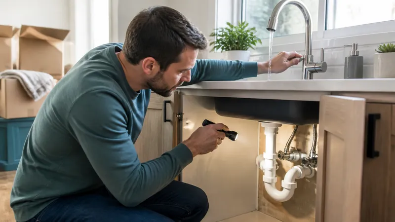 Homeowner testing a kitchen faucet and checking under the sink for leaks during a first-week move-in walkthrough.