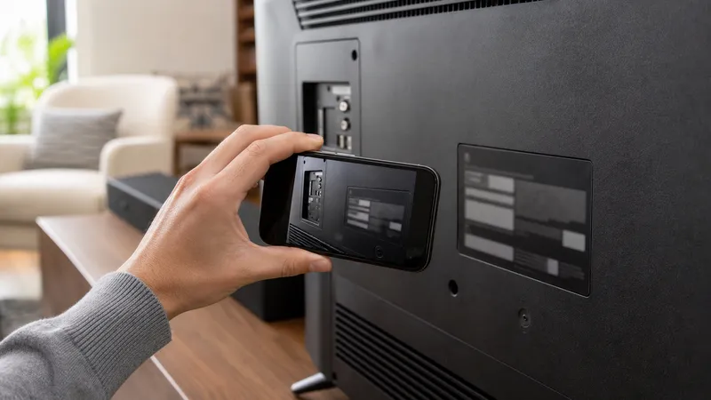 Close-up of a hand holding a phone photographing a television's model and serial number label on the back panel.