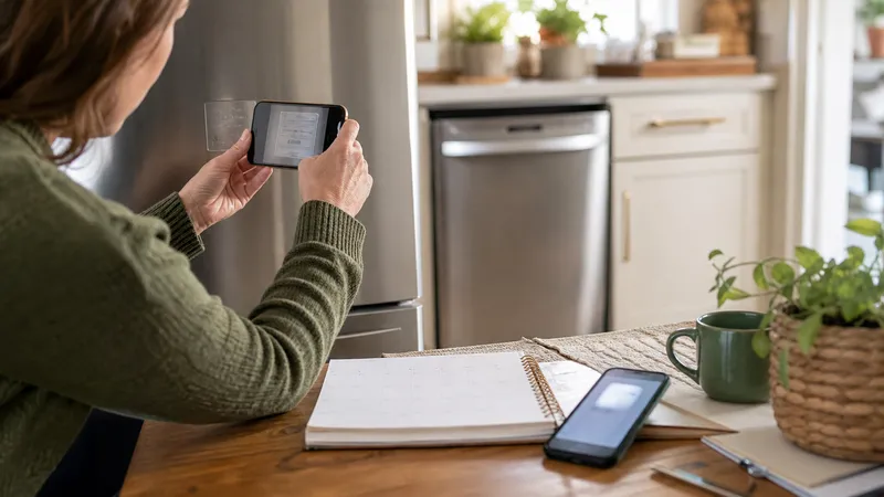 Homeowner checking an appliance's model and serial number sticker on a refrigerator door frame while holding a receipt.