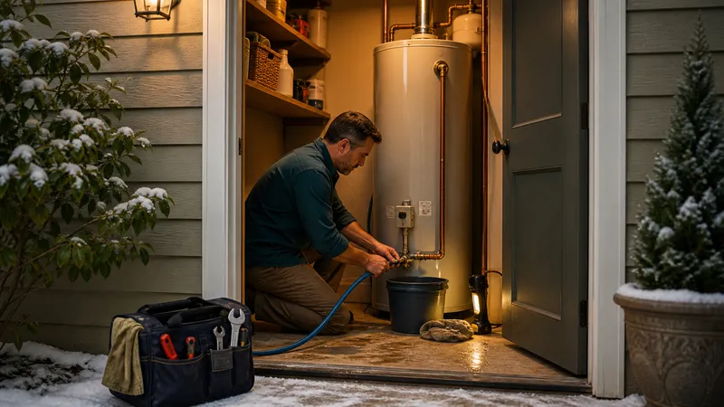 Homeowner connecting a garden hose to a tank water heater's drain valve in a utility closet, with a bucket and flashlight nearby.