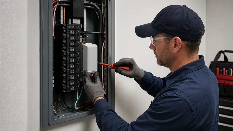 Electrician installing a whole-house surge protective device inside an open electrical panel, wired to a dedicated breaker.