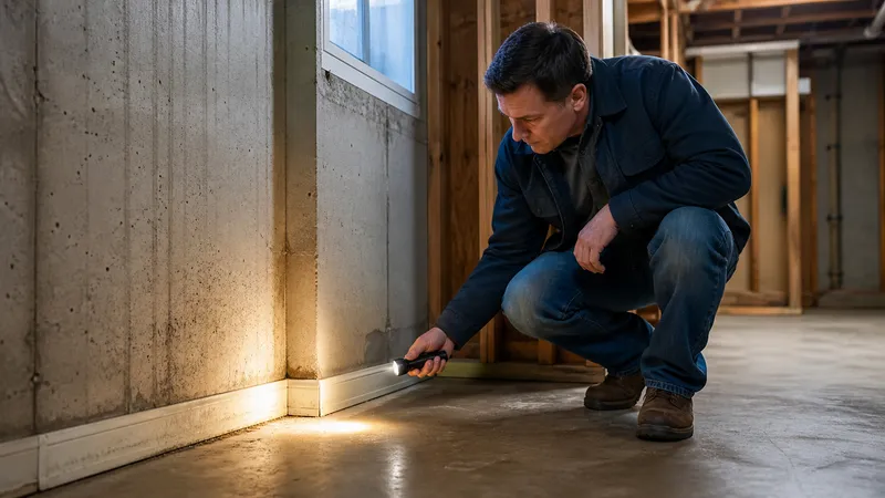 Homeowner crouching with a flashlight to inspect a damp corner and baseboard in an unfinished basement.