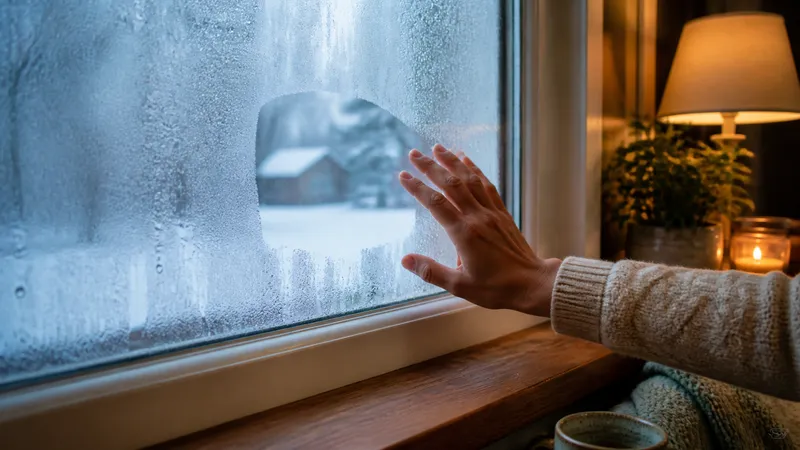 Foggy condensation beaded on the inside of a single-pane window with a wood sill, viewed from indoors on a cold winter morning.