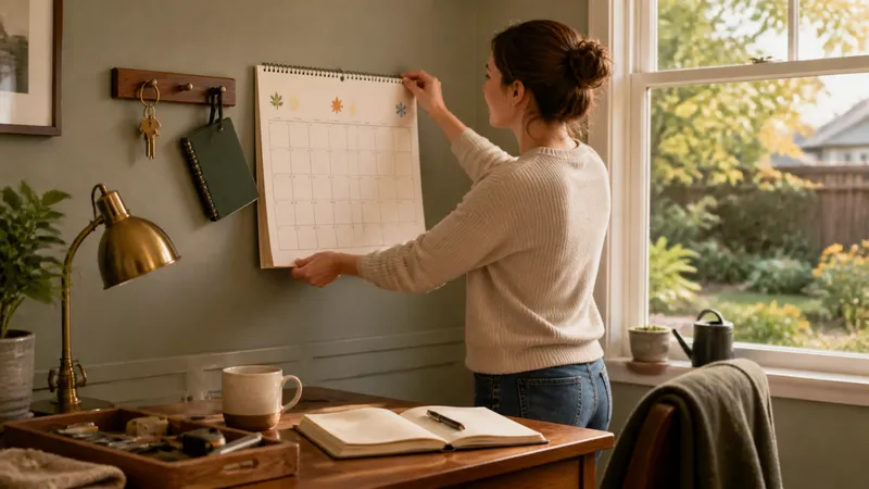 A wall calendar with home maintenance tasks handwritten in several months, next to a coffee mug and a house key.