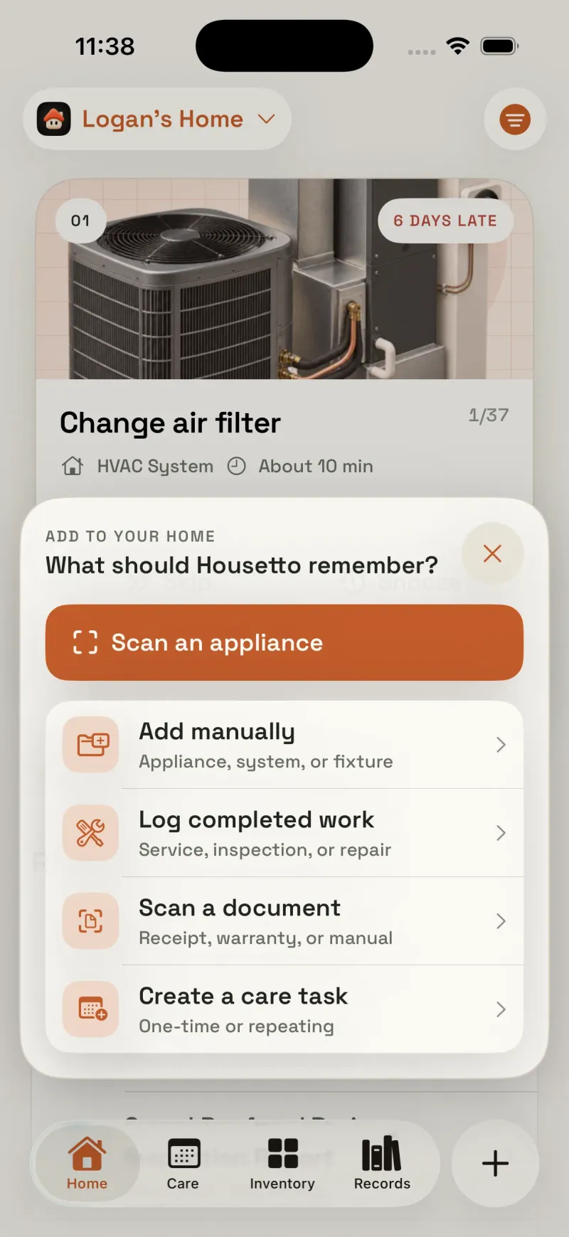 Housetto add-to-home modal for scanning and adding a new appliance