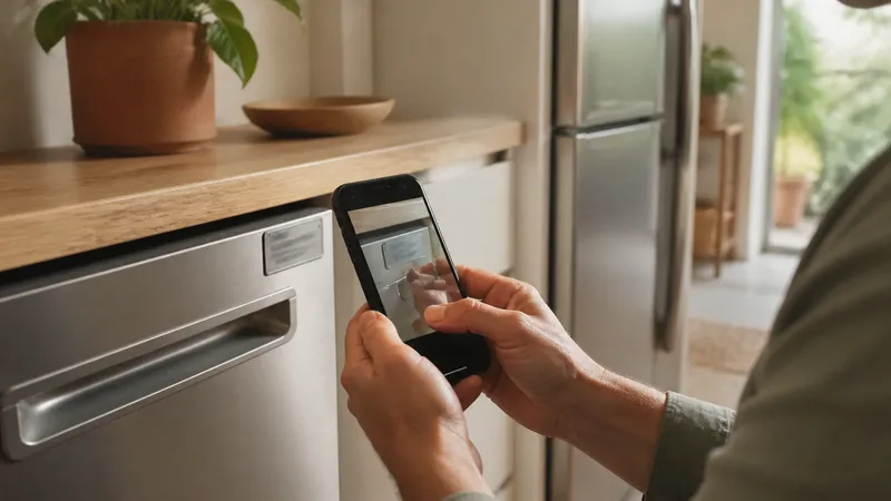 Homeowner photographing an appliance identification plate with a smartphone