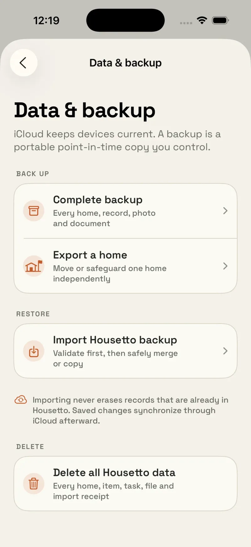 Housetto backup export screen for downloading a full records archive