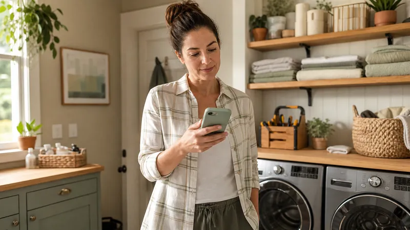 Homeowner reviewing a home maintenance plan in an organized utility room
