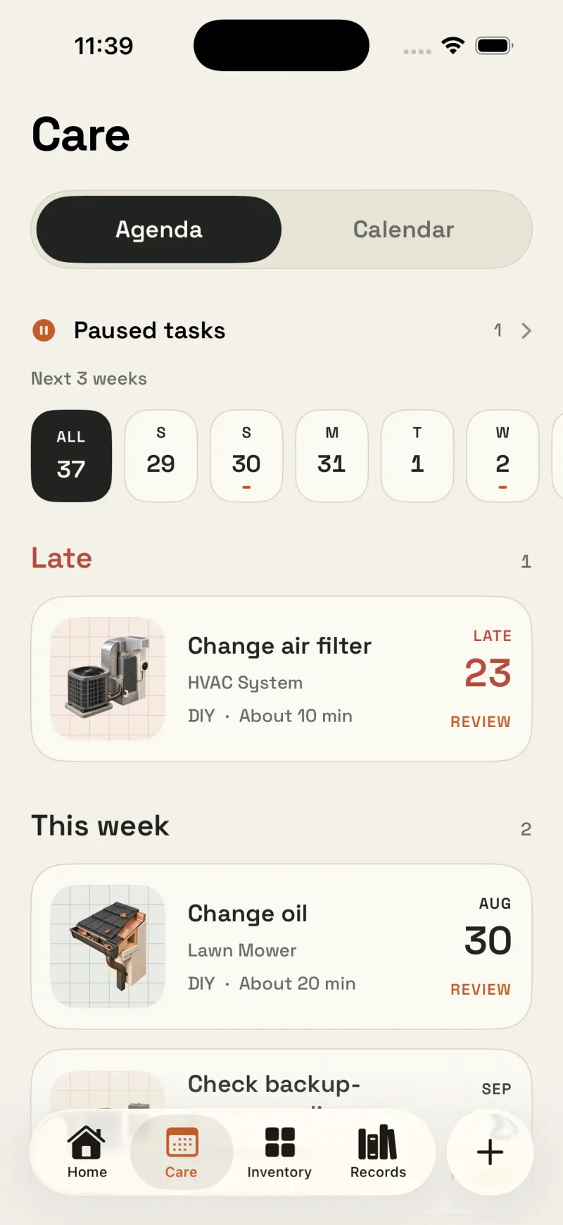 Housetto care agenda view listing upcoming maintenance tasks