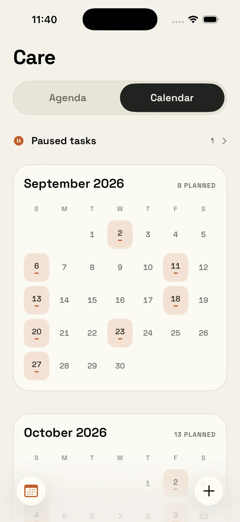 Housetto care calendar view showing maintenance tasks across the month