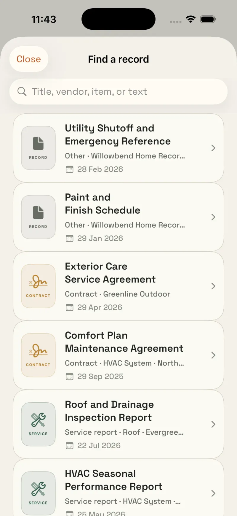 Housetto document search screen finding a stored manual