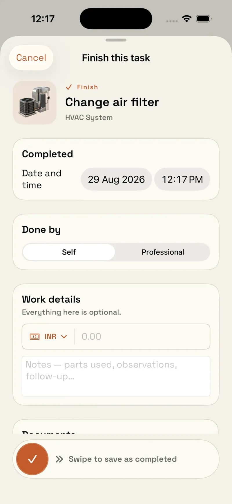 Housetto finish task modal logging a completed service visit