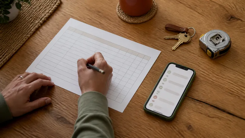 Home maintenance spreadsheet and smartphone checklist arranged on a wooden table