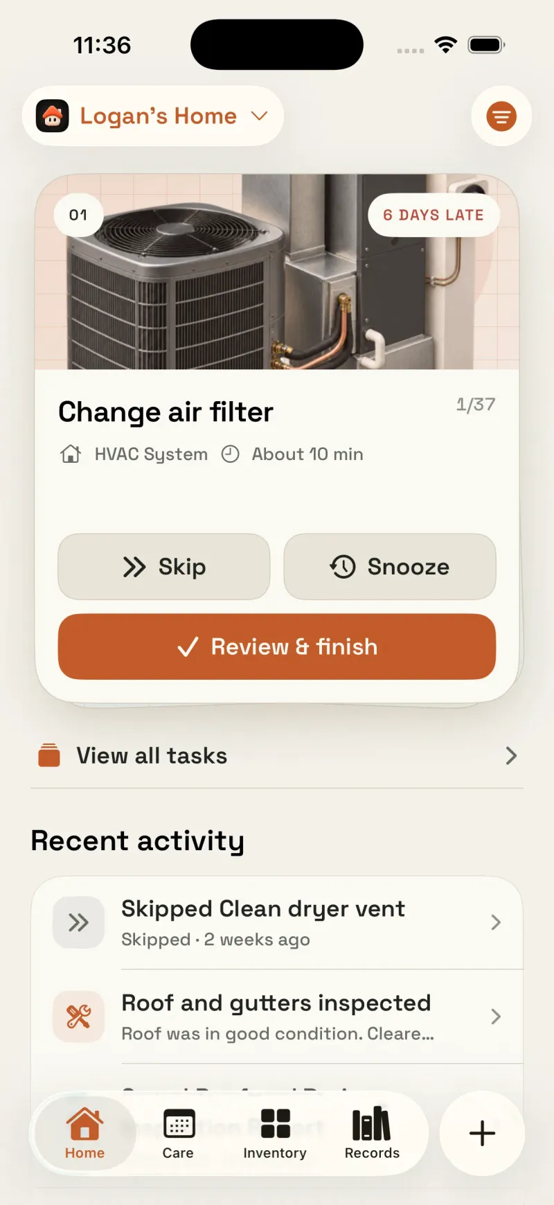 Housetto home screen showing upcoming maintenance tasks and warranty status