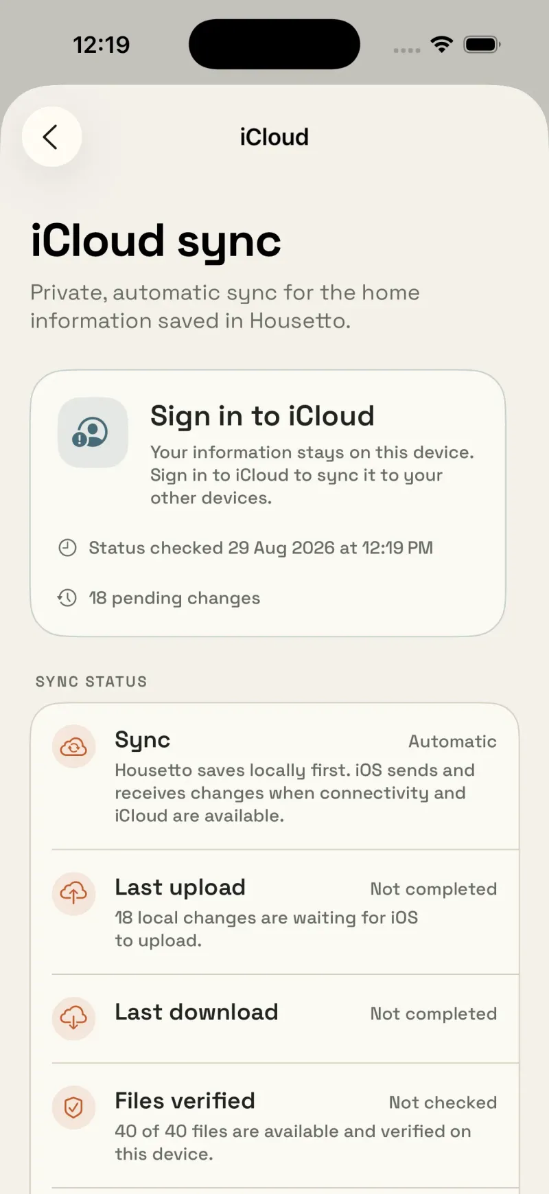 Housetto private iCloud sync screen