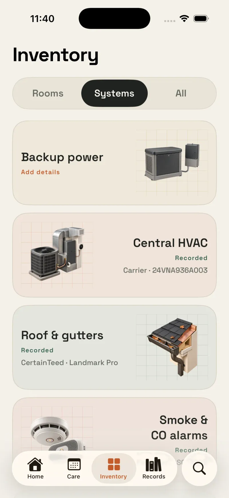 Housetto inventory screen listing home systems and appliances with categories