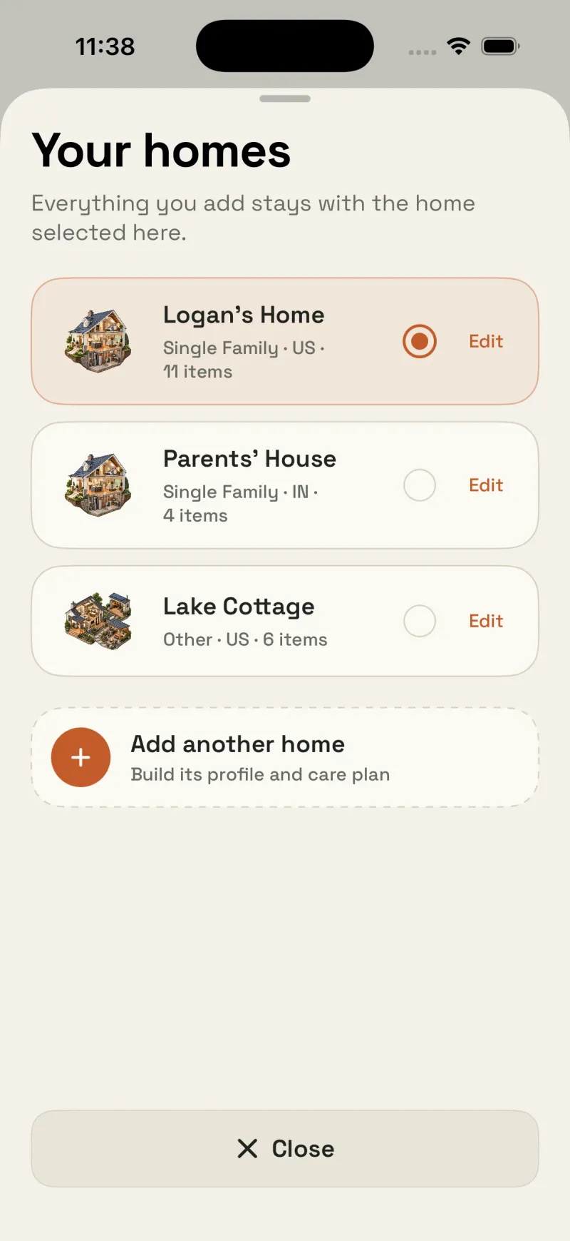Housetto screen for managing multiple homes
