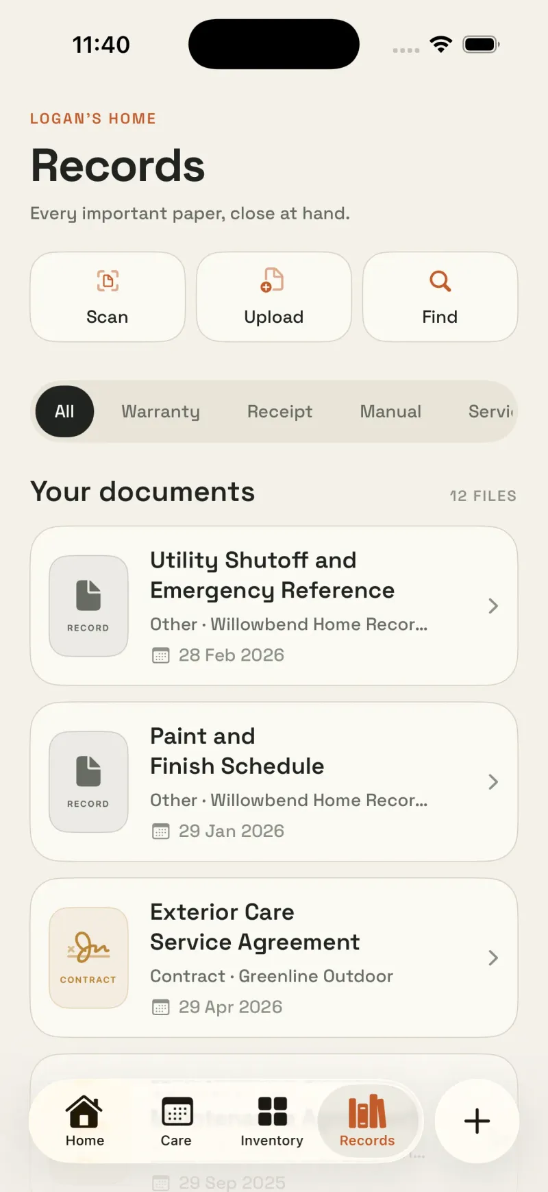 Housetto records screen listing documents attached to home items